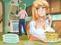 Size: 1280x955 | Tagged: safe, artist:thebrokencog, imported from derpibooru, applejack, spike, human, applespike, boob freckles, breasts, busty applejack, chest freckles, chocolate chip pancakes, cleavage, clothes, female, food, fork, freckles, humanized, lidded eyes, lip bite, looking back, looking over shoulder, male, older, older spike, pancakes, partial nudity, plate, plates, shipping, straight, topless, whipped cream