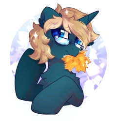 Size: 1373x1419 | Tagged: safe, artist:mirtash, imported from derpibooru, oc, oc only, oc:maple parapet, oc:wooded bastion, pony, unicorn, glasses, leaf, mouth hold, solo