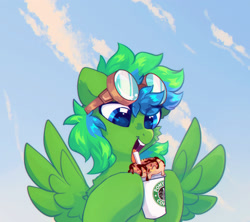 Size: 1800x1600 | Tagged: safe, artist:mirtash, imported from derpibooru, oc, oc only, pegasus, pony, blue eyes, drool, drool string, goggles, solo, starbucks