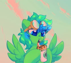 Size: 1800x1600 | Tagged: safe, alternate version, artist:mirtash, imported from derpibooru, oc, oc only, pegasus, pony, blue eyes, cloud, drool, drool string, goggles, solo, starbucks