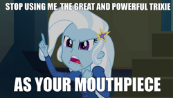 Size: 1920x1080 | Tagged: safe, edit, edited screencap, imported from derpibooru, screencap, trixie, equestria girls, rainbow rocks, angry, caption, hypocritical humor, image macro, meme, meta, mouthpiece, solo, text, upset