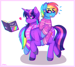 Size: 2142x1905 | Tagged: safe, artist:aaa-its-spook, imported from derpibooru, rainbow dash, twilight sparkle, unicorn, book, clothes, female, lesbian, scarf, shipping, sweater, twidash, unicorn twilight