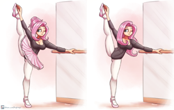 Size: 3600x2271 | Tagged: safe, artist:king-kakapo, imported from derpibooru, fluttershy, human, ballerina, ballet slippers, breasts, busty fluttershy, cleavage, clothes, cute, female, humanized, leg in air, leotard, lifted leg, one eye closed, pantyhose, shyabetes, skirt, solo, standing splits, stretching, tutu