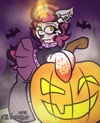 Size: 3000x3700 | Tagged: safe, artist:mrcapriccio, imported from derpibooru, oc, oc only, oc:dolce spiaro, bat, pony, unicorn, vampire, bipedal, blood, clothes, costume, female, forest, glowing horn, goth, halloween, halloween costume, high res, holiday, horn, jack-o-lantern, magic, makeup, mare, open mouth, piercing, pumpkin, punk, raised hoof, raised tail, skirt, solo, tail