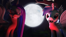 Size: 1920x1080 | Tagged: safe, artist:scratch_wub, imported from derpibooru, oc, oc:etheria galaxia, oc:scratch wub, alicorn, bat pony, unicorn, 3d, bat ponified, fangs, female, full moon, male, mare, moon, night, race swap, source filmmaker, stallion