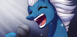 Size: 1024x502 | Tagged: safe, artist:rainspeak, imported from derpibooru, oc, oc only, pegasus, pony, commission, eyes closed, microphone, my hero academia, not night glider, open mouth, ponified, singing, solo, sparkles