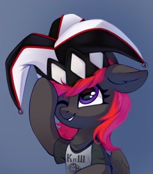 Size: 2280x2596 | Tagged: safe, artist:taneysha, imported from derpibooru, oc, oc only, pegasus, pony, cute, hat, jester hat, one eye closed, solo