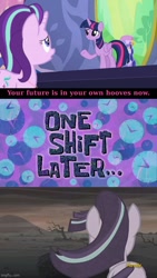 Size: 500x886 | Tagged: safe, artist:rarityvrymerzhmusic, edit, edited screencap, editor:rarity vrymer collective, imported from derpibooru, screencap, starlight glimmer, twilight sparkle, alicorn, pony, celestial advice, the cutie re-mark, alternate timeline, appointment tv, ashlands timeline, barren, discovery family, discovery family logo, fail, future, imgflip, implied genocide, logo, post-apocalyptic, spongebob squarepants, spongebob time card, twilight sparkle (alicorn), wasteland, you had one job