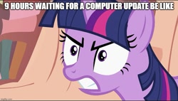 Size: 879x499 | Tagged: safe, edit, edited screencap, editor:twi clown, imported from derpibooru, screencap, twilight sparkle, pony, unicorn, the return of harmony, angry, caption, female, golden oaks library, image macro, mare, shrunken pupils, solo, text