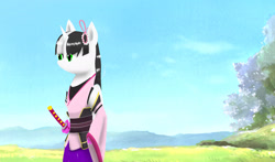 Size: 2048x1204 | Tagged: safe, imported from derpibooru, oc, oc only, oc:silvia cascadia, anthro, hippogriff, hybrid, pony, unguligrade anthro, unicorn, anime background, blue sky, clothes, cosplay, costume, grass, katana, kimono (clothing), pearl, ribbon, sword, tree, weapon