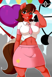 Size: 853x1280 | Tagged: safe, artist:kloudmutt, imported from derpibooru, oc, oc only, anthro, earth pony, balloon, belly button, breasts, carnival, clothes, digital art, female, looking at you, skirt, smiling, smiling at you, solo, solo female, tail