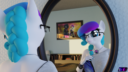 Size: 3840x2160 | Tagged: safe, artist:shadowboltsfm, imported from derpibooru, oc, oc:aurora starling, oc:midnight music, anthro, plantigrade anthro, 3d, 4k, anthroponiessfm's birthday, bedroom, blender, cute, eyelashes, glasses, heterochromia, jewelry, mirror, pendant, smiling