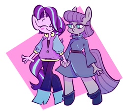 Size: 968x878 | Tagged: safe, artist:artseniccatnip, artist:artsycatnip, imported from derpibooru, maud pie, starlight glimmer, anthro, earth pony, unicorn, blushing, clothes, cute, female, glimmerbetes, holding hands, lesbian, looking at each other, maudabetes, shipping, smiling, starmaud