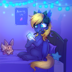 Size: 2121x2127 | Tagged: safe, artist:confetticakez, imported from derpibooru, oc, oc only, oc:vera, bat pony, eevee, pony, among us, bat pony oc, bat wings, bed, cute, fangs, graphics tablet, headset, mouth hold, pokémon, solo, stylus, wings, yellow hair