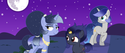 Size: 3692x1580 | Tagged: safe, artist:stellamoonshine, artist:stellamoonshineyt, imported from derpibooru, oc, oc only, oc:luminous moon, oc:nebula spiral, oc:stella moonshine, alicorn, unicorn, female, filly, mare, offspring, parent:princess luna, parent:stygian, parents:styuna