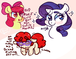 Size: 1008x792 | Tagged: safe, artist:unclecucky, imported from derpibooru, apple bloom, rarity, twist, earth pony, pony, unicorn, blushing, bow, crying, dialogue, female, filly, glasses, heart, mare, neigh, open mouth, sad, smiling, sparkles