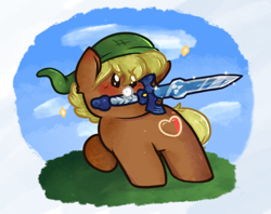 Size: 598x474 | Tagged: safe, artist:unclecucky, imported from derpibooru, quarter hearts, earth pony, pony, blushing, chibi, cloud, cute, dot eyes, hat, link, male, master sword, mouth hold, quarterbetes, raised hoof, solo, sparkles, stallion, sword, the legend of zelda, weapon