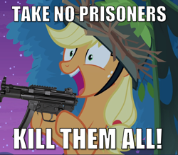 Size: 1071x939 | Tagged: safe, edit, edited screencap, imported from derpibooru, screencap, applejack, earth pony, pony, how applejack won the war, going to seed, caption, cropped, gun, hoof hold, image macro, kill them all, machine gun, snapplejack, solo, text, weapon