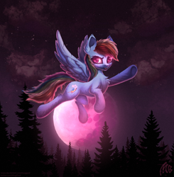 Size: 2140x2180 | Tagged: safe, artist:muggod, imported from derpibooru, rainbow dash, pegasus, pony, blood moon, cloud, colored pupils, female, flying, forest, glowing eyes, halloween, holiday, looking at you, mare, mare in the moon, moon, moonlight, multicolored hair, night, open mouth, outdoors, raised hoof, sky, smiling, smirk, wings