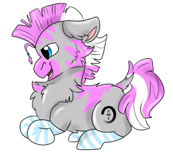 Size: 2221x1968 | Tagged: safe, artist:euspuche, imported from derpibooru, oc, oc only, oc:chifundo, pony, zebra, fallout equestria, fallout equestria: dead tree, chest fluff, clothes, female, mare, pose, simple background, smiling, socks, solo, striped socks, transparent background