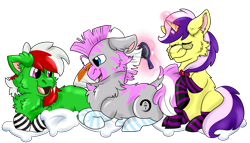 Size: 3500x2000 | Tagged: safe, artist:euspuche, imported from derpibooru, oc, oc only, oc:chifundo, oc:scopola mina, oc:wandering sunrise, pony, fallout equestria, fallout equestria: dead tree, chest fluff, clothes, female, mare, pillow, pose, simple background, smiling, socks, striped socks, transparent background