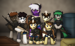 Size: 1622x999 | Tagged: safe, artist:99999999000, imported from derpibooru, oc, oc:cwe, oc:firearm king, oc:li anna, oc:mar baolin, oc:zhang cathy, earth pony, pegasus, pony, unicorn, comic:airsoft, airsoft, ak-47, ar-15, ar15, assault rifle, female, glasses, gun, headset, m16, m4, male, rifle, scar-l, shotgun, weapon