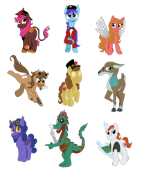 Size: 2500x3000 | Tagged: safe, artist:sixes&sevens, imported from derpibooru, bat pony, cyborg, deer, dragon, earth pony, kirin, pegasus, pony, unicorn, artificial wings, ashes o'reilly, augmented, baron marius von raum, bat ponified, book, deerified, dragonified, drumbot brian, gun, gunpowder tim, hat, ivy alexandria, jonny d'ville, kirin-ified, mechanical wing, nastya rasputina, ponified, race swap, raphaella la cognizi, simple background, species swap, steampunk goggles, the mechanisms, top hat, toy soldier, transparent background, weapon, wings