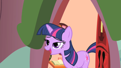 Size: 1280x720 | Tagged: safe, imported from derpibooru, screencap, twilight sparkle, pony, unicorn, party of one, female, golden oaks library, lidded eyes, mare, solo, unicorn twilight