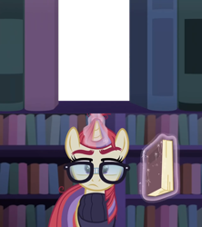 Size: 800x900 | Tagged: safe, edit, edited screencap, imported from derpibooru, screencap, moondancer, pony, unicorn, amending fences, book, bookshelf, clothes, confused, female, glasses, library, looking at you, magic, mare, simple background, solo, surprised, template, transparent background