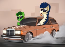 Size: 2048x1494 | Tagged: safe, artist:perezadotarts, imported from derpibooru, oc, oc:procerus, oc:weedy, earth pony, giraffe, pony, adidas, asphalt, aviator sunglasses, aviators, drift, drifting, mercedes-benz, mercedes-benz e-class, necc, road, smoke, spinning wheel, sunglasses, tongue out