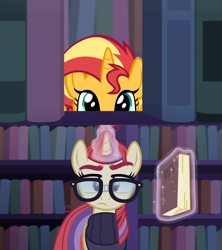 Size: 800x900 | Tagged: safe, artist:mrkat7214, edit, edited screencap, imported from derpibooru, screencap, moondancer, sunset shimmer, pony, unicorn, amending fences, book, bookshelf, character swap, clothes, confused, cute, dancerbetes, eye, eyes, female, glasses, glowing horn, head, hooves, hooves up, horn, library, looking at you, magic, mare, peekaboo, peeking, shimmerbetes, soon, spying, surprised, sweet dreams fuel