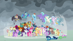 Size: 1920x1080 | Tagged: safe, imported from derpibooru, screencap, amethyst star, applejack, chancellor neighsay, firelight, flam, flim, fluttershy, frenulum (character), gallus, grampa gruff, lemon hearts, lyra heartstrings, minuette, moondancer, neon lights, night light, ocellus, party favor, pharynx, pinkie pie, prince rutherford, princess ember, rainbow dash, rarity, rising star, sandbar, seaspray, silverstream, smolder, soarin', sparkler, spike, stellar flare, sunburst, tempest shadow, terramar, thorax, trixie, twilight sparkle, twilight velvet, twinkleshine, yona, alicorn, changedling, changeling, dragon, earth pony, griffon, hippogriff, pegasus, pony, unicorn, yak, the ending of the end, female, flim flam brothers, flying, frenulum (g4), king thorax, male, mane seven, mane six, mare, prince pharynx, shocked, shocked expression, shocked face, shrunken pupils, stallion, student six, twilight sparkle (alicorn), winged spike, wings