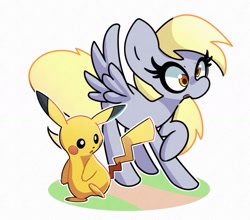 Size: 1661x1461 | Tagged: safe, artist:kindakismet, imported from derpibooru, derpy hooves, pegasus, pikachu, pony, crossover, cute, pokémon