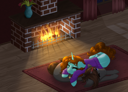 Size: 3454x2480 | Tagged: safe, artist:nuumia, imported from derpibooru, oc, oc only, pony, unicorn, female, fireplace, lying down, mare, prone