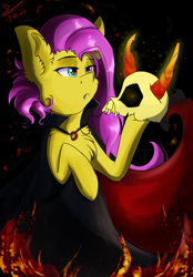 Size: 994x1427 | Tagged: safe, artist:yuris, imported from derpibooru, fluttershy, pegasus, pony, cape, clothes, fire, halloween, holiday, skull, solo