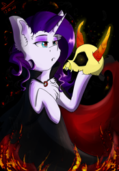 Size: 994x1427 | Tagged: safe, alternate version, artist:yuris, imported from derpibooru, rarity, pony, unicorn, alternate character, cape, clothes, fire, halloween, holiday, skull, solo