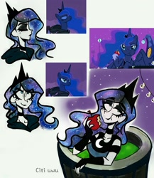 Size: 1747x2015 | Tagged: safe, artist:citi, imported from derpibooru, screencap, princess luna, alicorn, human, luna eclipsed, apple, eyeshadow, food, goth, humanized, makeup, scene interpretation, screencap reference, starry hair