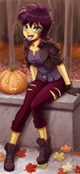 Size: 918x2000 | Tagged: safe, artist:johnjoseco, imported from derpibooru, sunset shimmer, vampire, costume conundrum, equestria girls, equestria girls series, spoiler:choose your own ending (season 2), spoiler:eqg series (season 2), adorasexy, autumn leaves, belt, boots, breasts, busty sunset shimmer, clothes, converse, costume, cute, fangs, female, forest, gloves, halloween, halloween costume, holiday, jack-o-lantern, leaf, leaves, lidded eyes, looking at you, open mouth, pumpkin, sexy, shoes, sitting, solo, tongue out, tree, vampire shimmer, wig