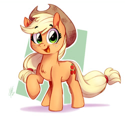 Size: 1358x1359 | Tagged: safe, artist:theart_ofvago, imported from derpibooru, applejack, earth pony, pony, abstract background, applejack's hat, chest fluff, cowboy hat, cute, cutie mark, eye clipping through hair, eyebrows, eyebrows visible through hair, female, freckles, happy, hat, jackabetes, looking at you, mare, open mouth, open smile, outline, raised hoof, signature, simple background, smiling, smiling at you, solo, white background