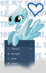 Size: 541x859 | Tagged: safe, artist:ask-fleetfoot, imported from derpibooru, fleetfoot, pegasus, pony, alternate hairstyle, ask-fleetfoot, blue coat, blue mane, blue tail, female, green eyes, mare, show accurate, solo, tail, two toned mane, white mane, white tail, wings