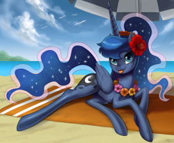 Size: 2000x1644 | Tagged: safe, artist:johnjoseco, imported from derpibooru, princess luna, alicorn, pony, :p, beach, beach towel, beach umbrella, cute, digital art, female, flower, flower in hair, heart, lei, looking at you, lunabetes, ocean, solo, tongue out