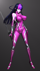 Size: 2160x3840 | Tagged: safe, artist:vladichslg, imported from derpibooru, twilight sparkle, anthro, 3d, big breasts, breasts, clothes, cosplay, costume, female, katana, latex, simple background, source filmmaker, suit, sword, taimanin asagi, test, weapon