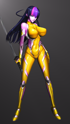 Size: 2160x3840 | Tagged: safe, alternate version, artist:vladichslg, imported from derpibooru, twilight sparkle, anthro, human, 3d, big breasts, breasts, clothes, cosplay, costume, female, gold, humanized, katana, latex, simple background, source filmmaker, suit, sword, taimanin asagi, test, weapon