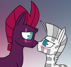 Size: 1400x1326 | Tagged: safe, artist:dacaoo, imported from derpibooru, tempest shadow, oc, pony, unicorn, zebra, blushing, boop, broken horn, canon x oc, eye scar, female, horn, larger female, male, noseboop, oc name needed, scar, shipping, size difference, smaller male, zebra oc