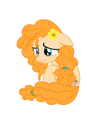 Size: 1530x1980 | Tagged: safe, artist:third uncle, artist:three uncle, imported from derpibooru, screencap, pear butter, earth pony, pony, the perfect pear, bed, cropped, crying, cute, daaaaaaaaaaaw, female, flower, flower in hair, looking down, mare, pearabetes, sad, sadorable, simple background, sitting, solo, transparent background