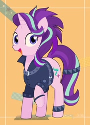 Size: 871x1200 | Tagged: safe, artist:ch-chau, imported from derpibooru, starlight glimmer, pony, unicorn, alternate hairstyle, clothes, edgelight glimmer, female, gameloft, jacket, looking at you, mare, open mouth, punk, raised hoof, smiling, solo