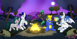 Size: 6720x3480 | Tagged: safe, artist:raspberrystudios, imported from derpibooru, oc, oc only, oc:chintzy walker, bat pony, dragon, pegasus, unicorn, bedroom eyes, campfire, camping, commission, couple, dragon oc, fire, food, forest, horn, marshmallow, moon, night, pegasus oc, scenery, shipping, tree, unicorn oc, wings