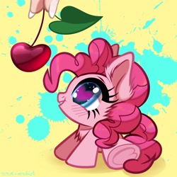 Size: 3000x3000 | Tagged: safe, artist:rrd-artist, imported from derpibooru, pinkie pie, earth pony, pony, blushing, cheek fluff, cherry, chest fluff, chibi, cute, diapinkes, ear fluff, female, food, heart eyes, high res, looking at something, mare, offscreen character, offscreen human, profile, sitting, tiny, tiny ponies, weapons-grade cute, wingding eyes