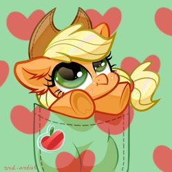 Size: 3000x3000 | Tagged: safe, artist:rrd-artist, imported from derpibooru, applejack, earth pony, pony, :t, blushing, chibi, cute, ear fluff, female, floppy ears, high res, jackabetes, looking up, mare, pocket, pocket pony, solo, stuck, tiny, tiny ponies, underhoof, weapons-grade cute