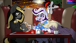 Size: 3840x2160 | Tagged: safe, artist:brainiac, derpibooru exclusive, imported from derpibooru, oc, oc:blackjack, oc:foxtrot, oc:knick knack, oc:whiskey lullaby, pony, unicorn, fallout equestria, fallout equestria: project horizons, badge, cafe, con badge, fall guys, fanfic art, horn, kniskey, plushie, small horn, unshorn fetlocks